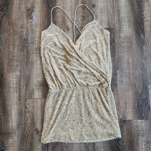 Retrofete Mini Sequin Dress Faux Wrap Sleeveless Tan/Brown Size Medium